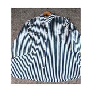Brownstone Studio Blue White Striped Button Down Shirt 3/4 Sleeve Size 10 EUC